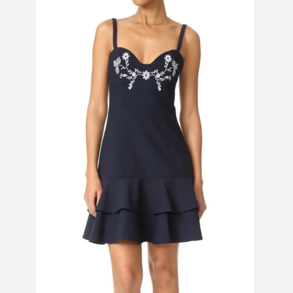 cinq a sept Navy Mini Dress with White Floral Embroidery